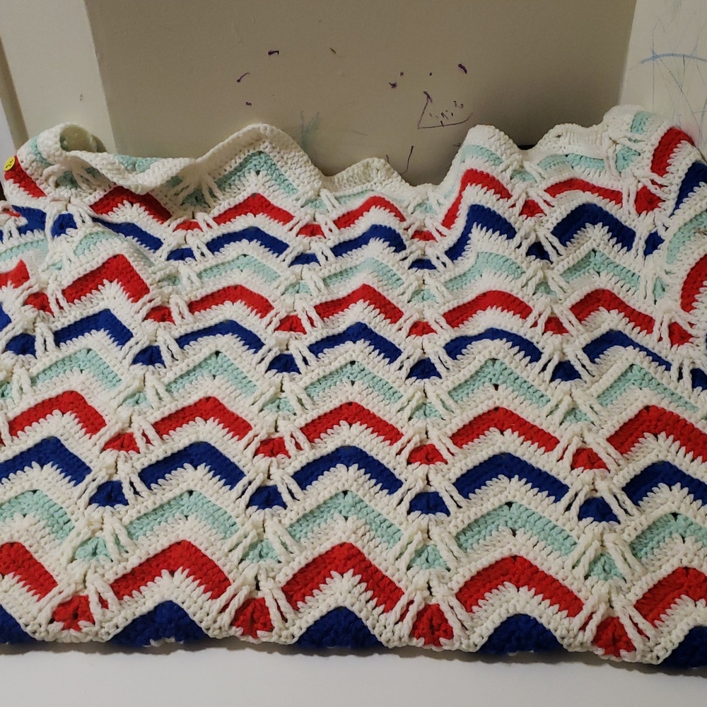 46in x 56in, multicolor zigzag pattern with a herringbone like pattern over it.